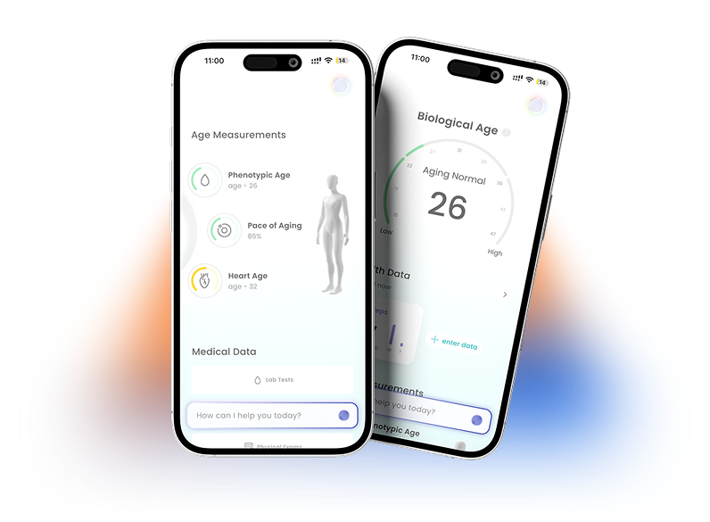 ISSCA AI mobile app showing Age Measurements and Biological Age screens